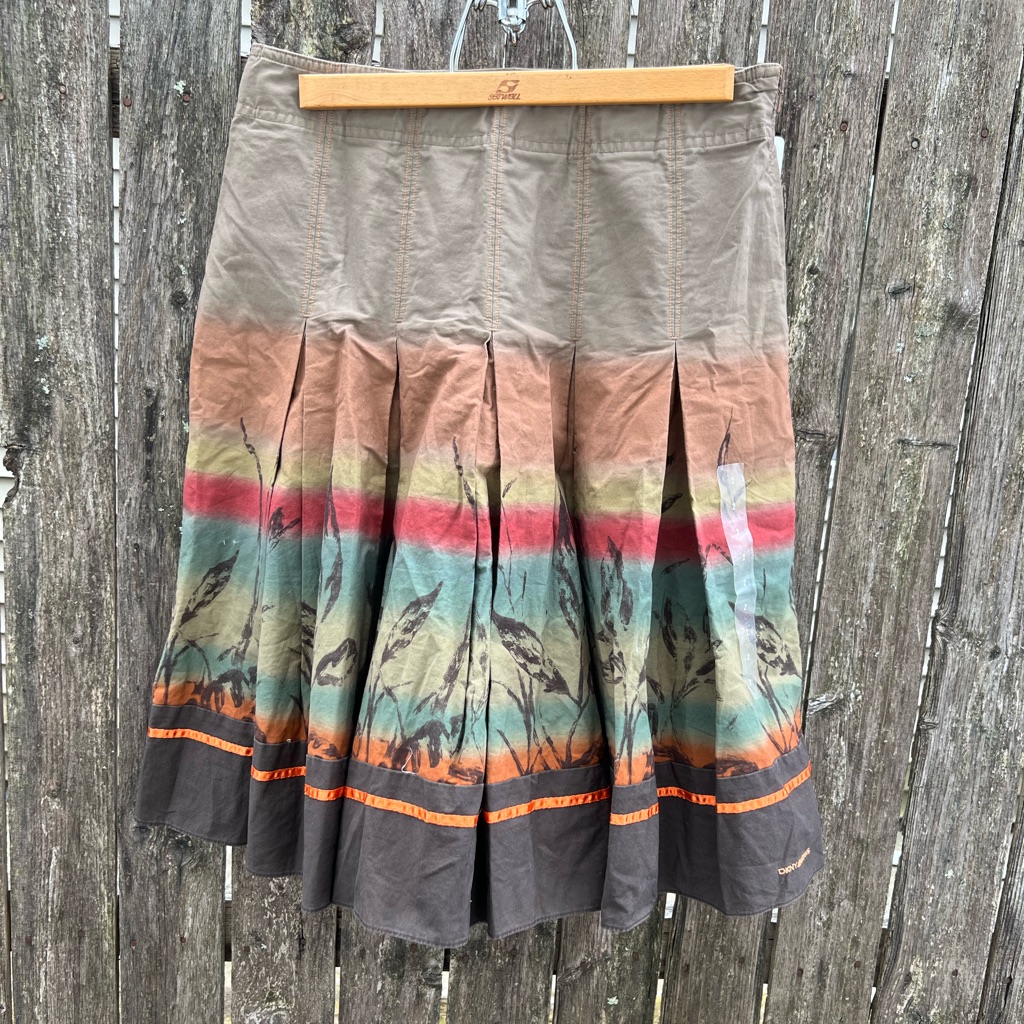 Dkny Jeans Womens Brown Orange Ribbon Trim Boho Desert Pleated Skirt  Aa3